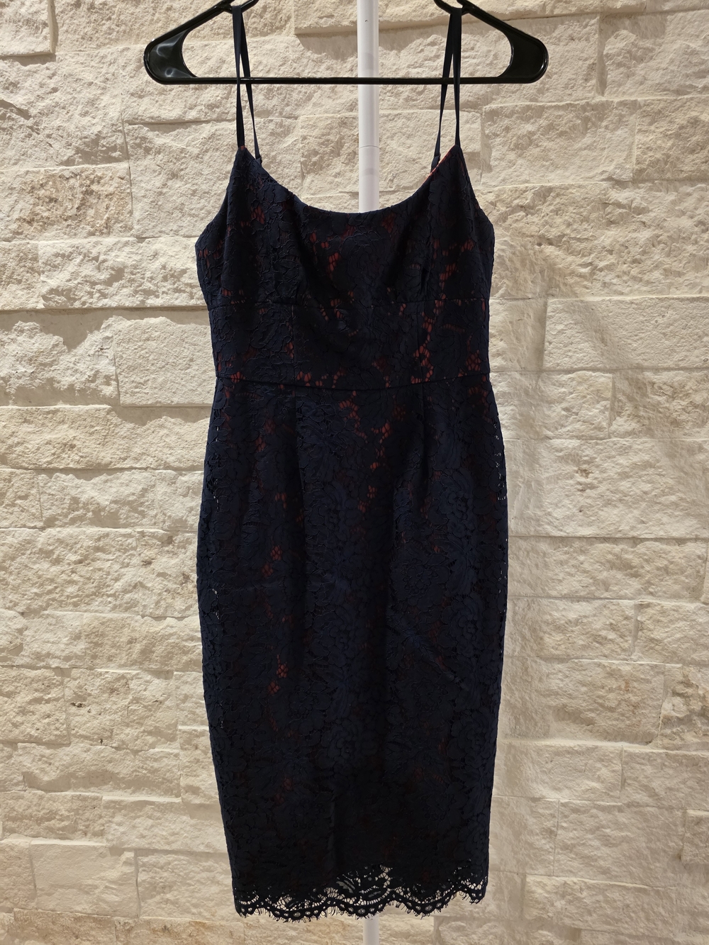 BCBG Navy And Red Lace Spaghetti Strap Sheath Dress